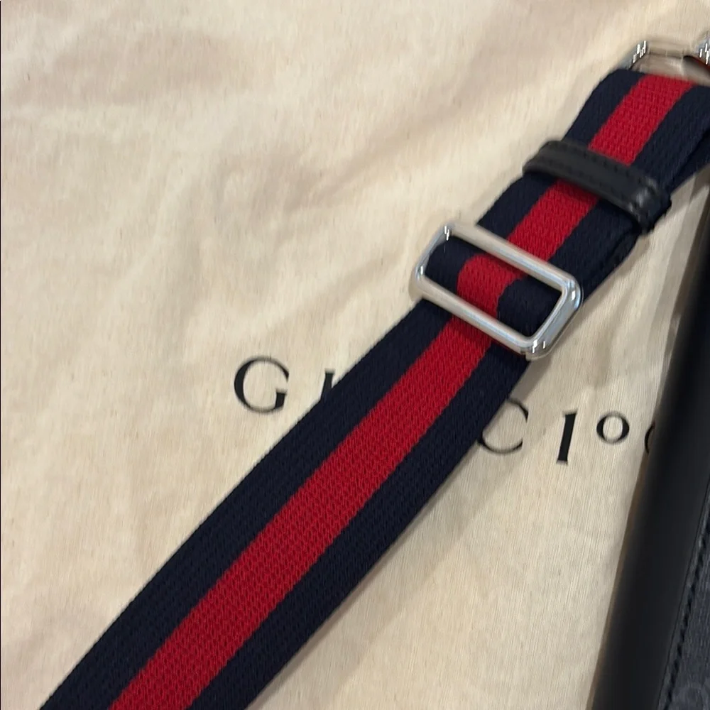 Gucci Black Messenger Bag with Monogram Canvas and Webbing Strap - Picture 7 of 16